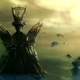 The towering figure of the Hive Witch Savathun walks into a large body of water, while light shines from the right side of the frame.